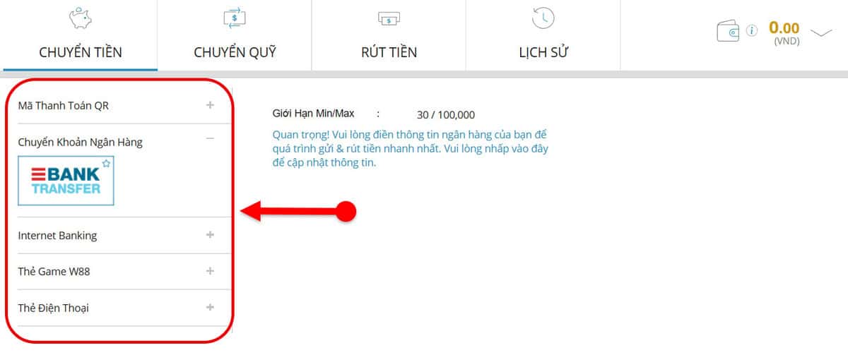 Bước 2: Chọn phương thức nạp tiền