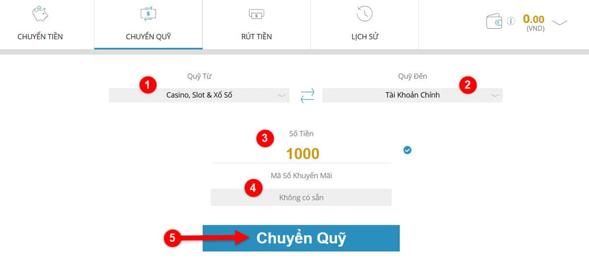 Bước 2: Chuyển quỹ về tài khoản chính