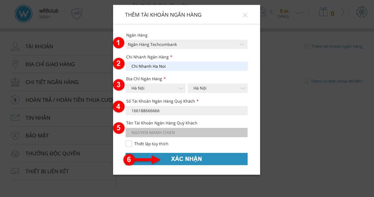 Nhập chính xác thông tin ngân hàng